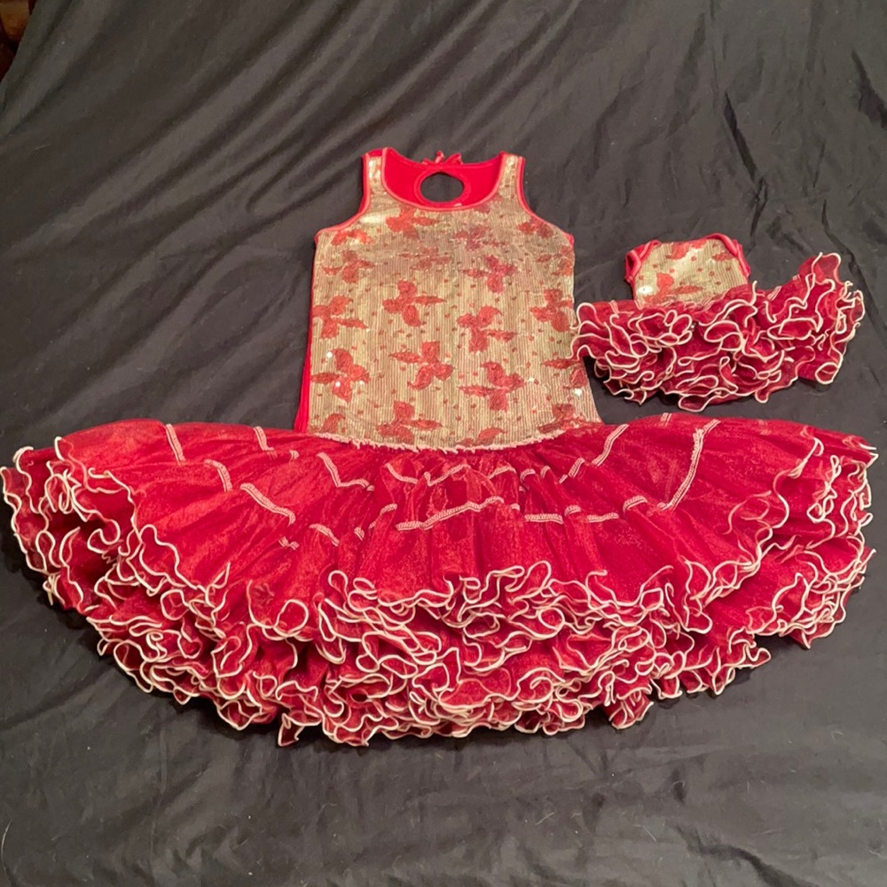 Ooh! La! La! Couture Garnet Red & Gold Bow Tutu dress & matching doll dress